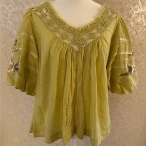 Free People Celedon Green Blouse with Embroidered Sleeves